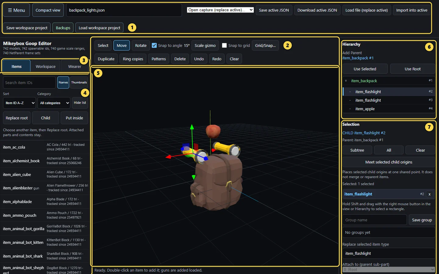 The editor window with seven numbered areas: 1 file and workspace buttons, 2 scene tools, 3 sidebar tabs, 4 item catalog, 5 3D view, 6 Hierarchy, 7 Selection and Properties.