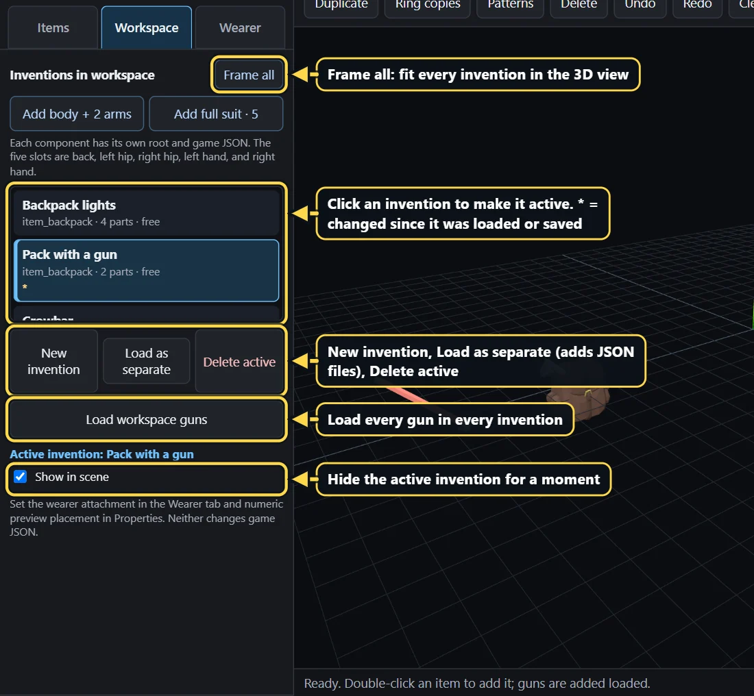 The Workspace tab with three inventions: the list shows each one's name, root item, part count and preview spot; the active one is highlighted and * marks unsaved changes. Below it: New invention, Load as separate, Delete active, Load workspace guns and Show in scene; Frame all sits above the list.