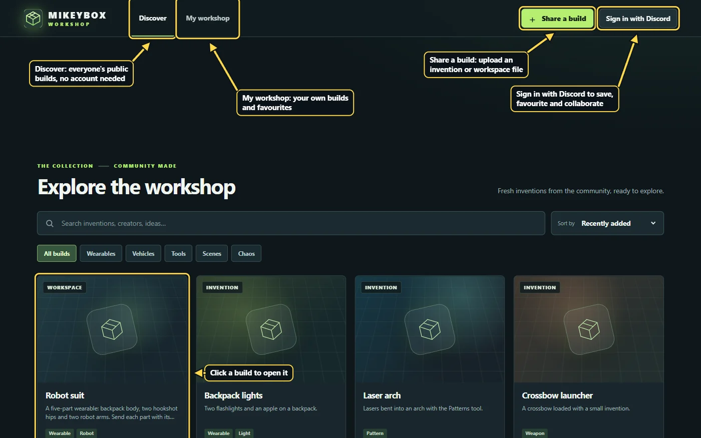 The Workshop: Discover shows everyone's public builds, My workshop shows yours, Share a build uploads one, Sign in with Discord signs in, and clicking a build card opens it.